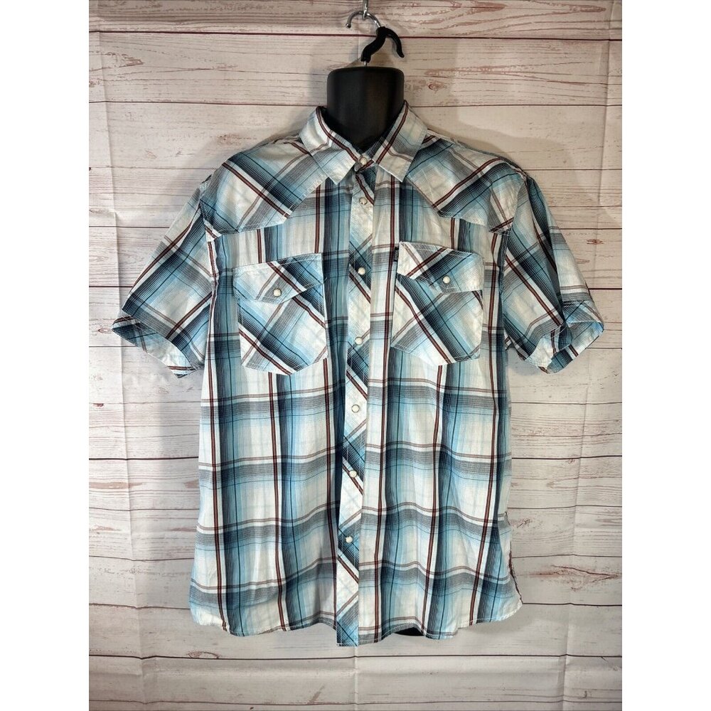 Venzulia Mens XL Western Pearl Snap Two Pocket Short Sleeve Shirt Blue Plaid